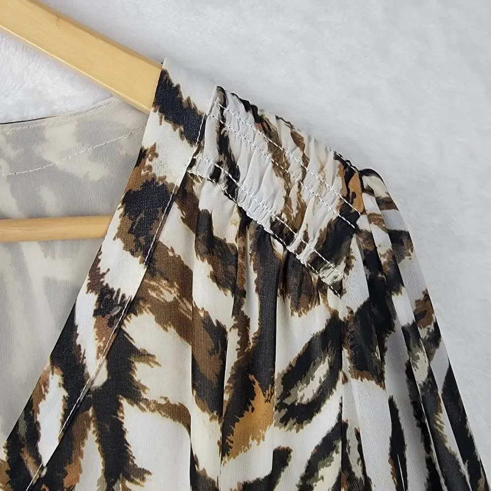 2X Blouse VNeck Animal Button Up Flowy Sheer Long Sleeve Tunic Top Office Career - Picture 3 of 12